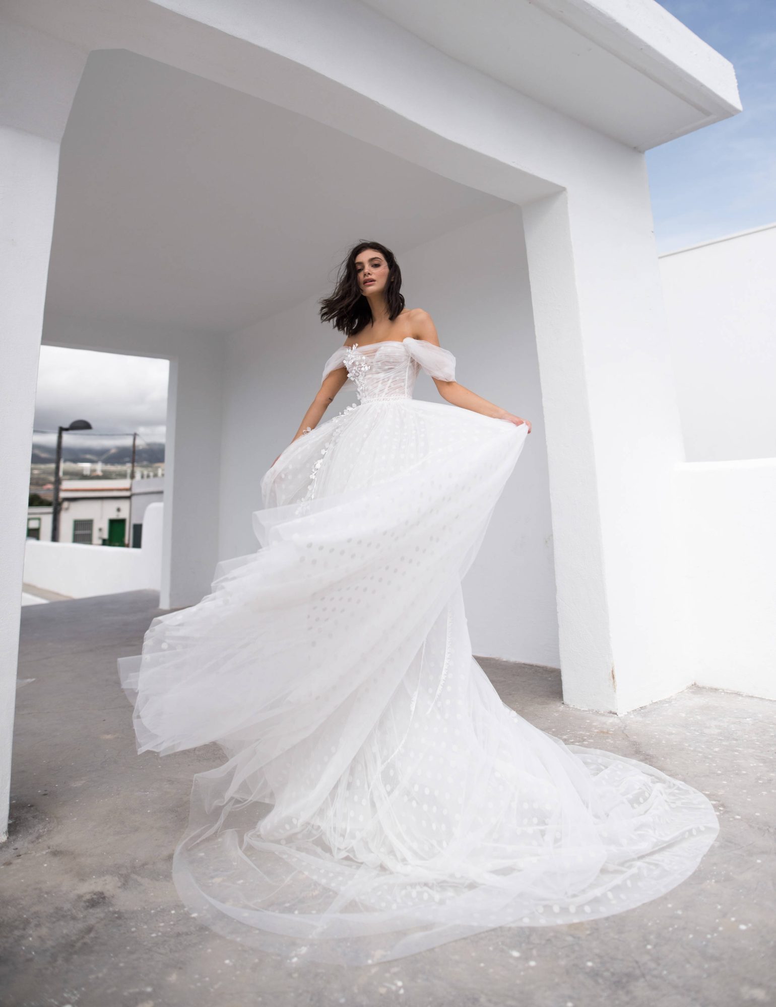 tulle wedding dress Millie with off-shoulder sleeves by rara avis, nz