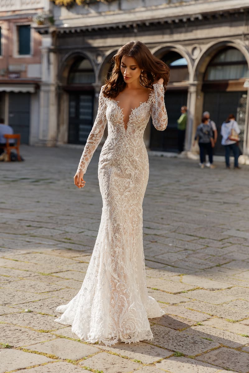 Long-Sleeve Lace Wedding Dress with Detachable Overskirt