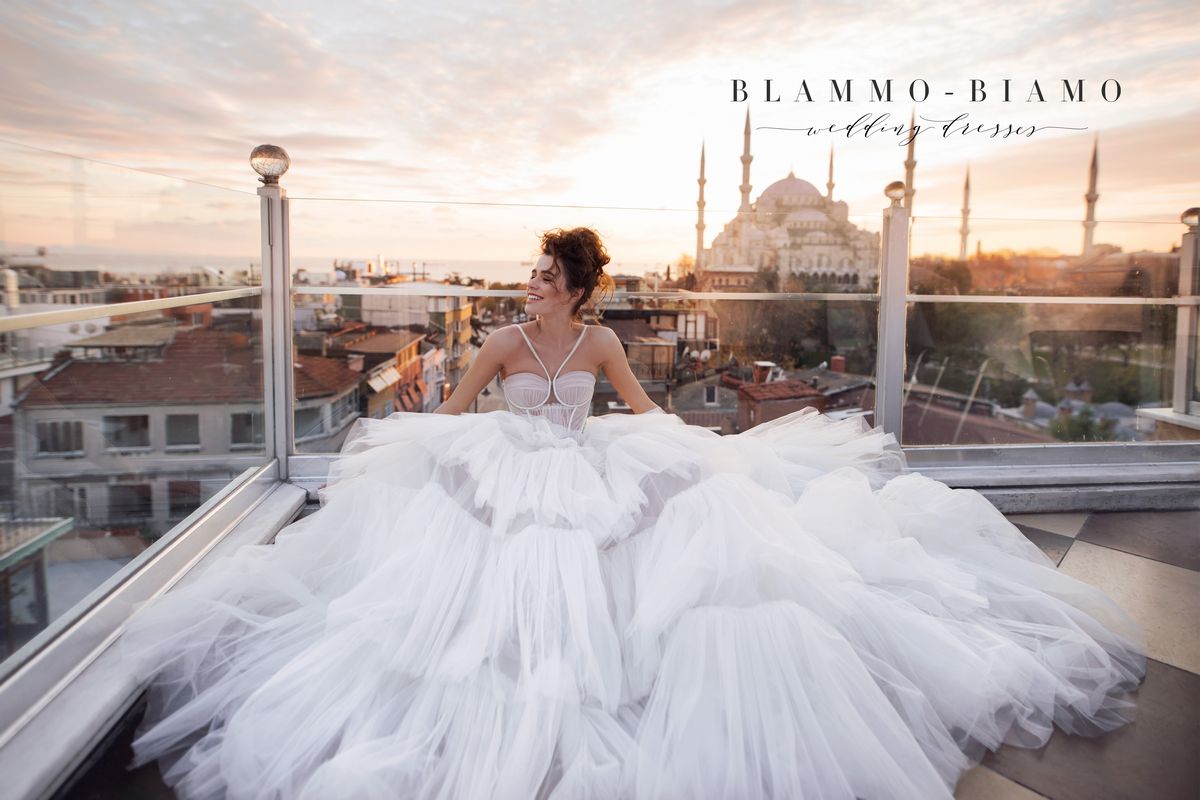 Princess wedding dress Liam by Blammo-Biamo with fluffy multi-layered skirt and bodice embroidered with straps at Dell'Amore Bridal, Auckland, NZ 6