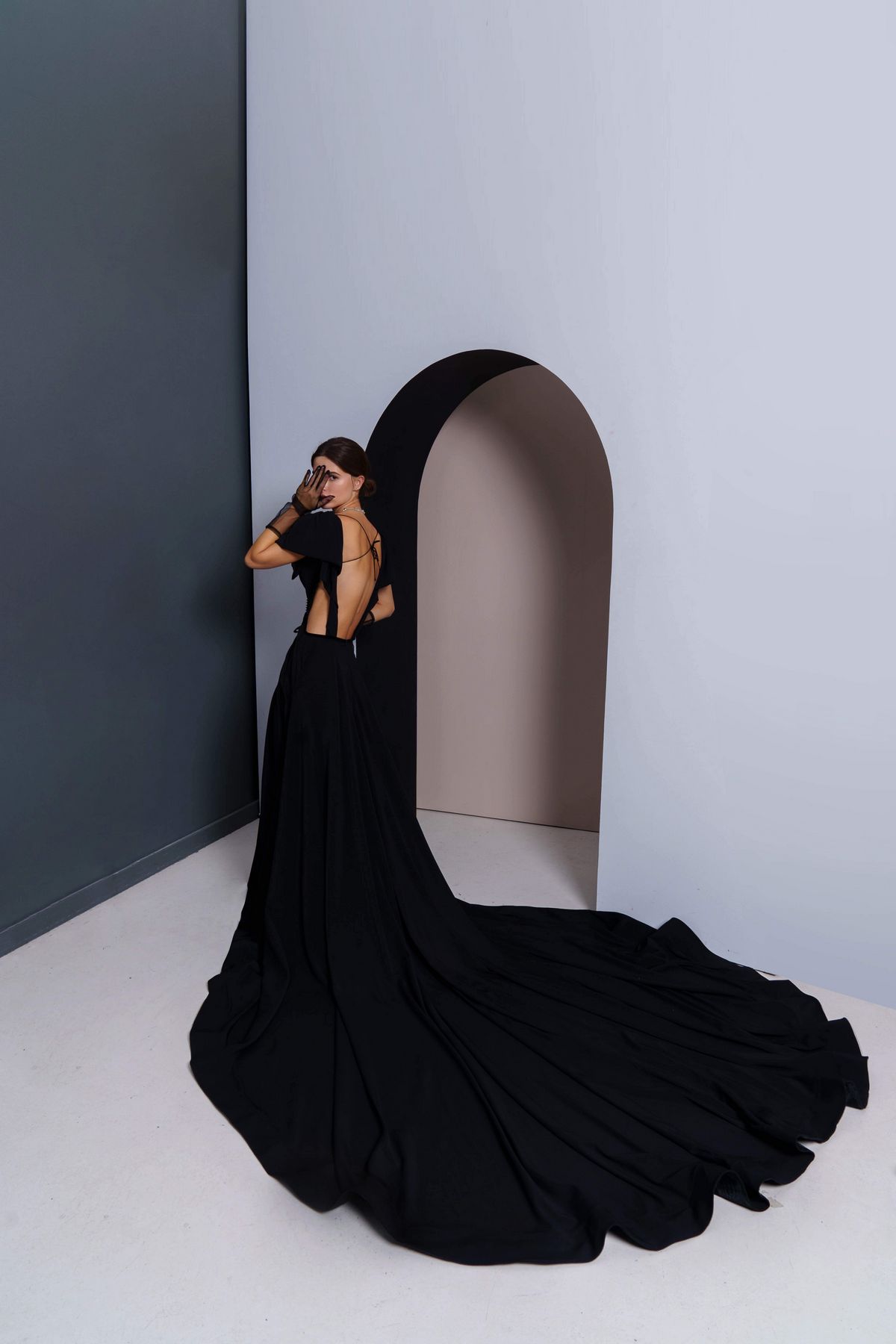 Black wedding gown Viva by Rara Avis european designer with skirt split, plunge neckline and open back, nz 3