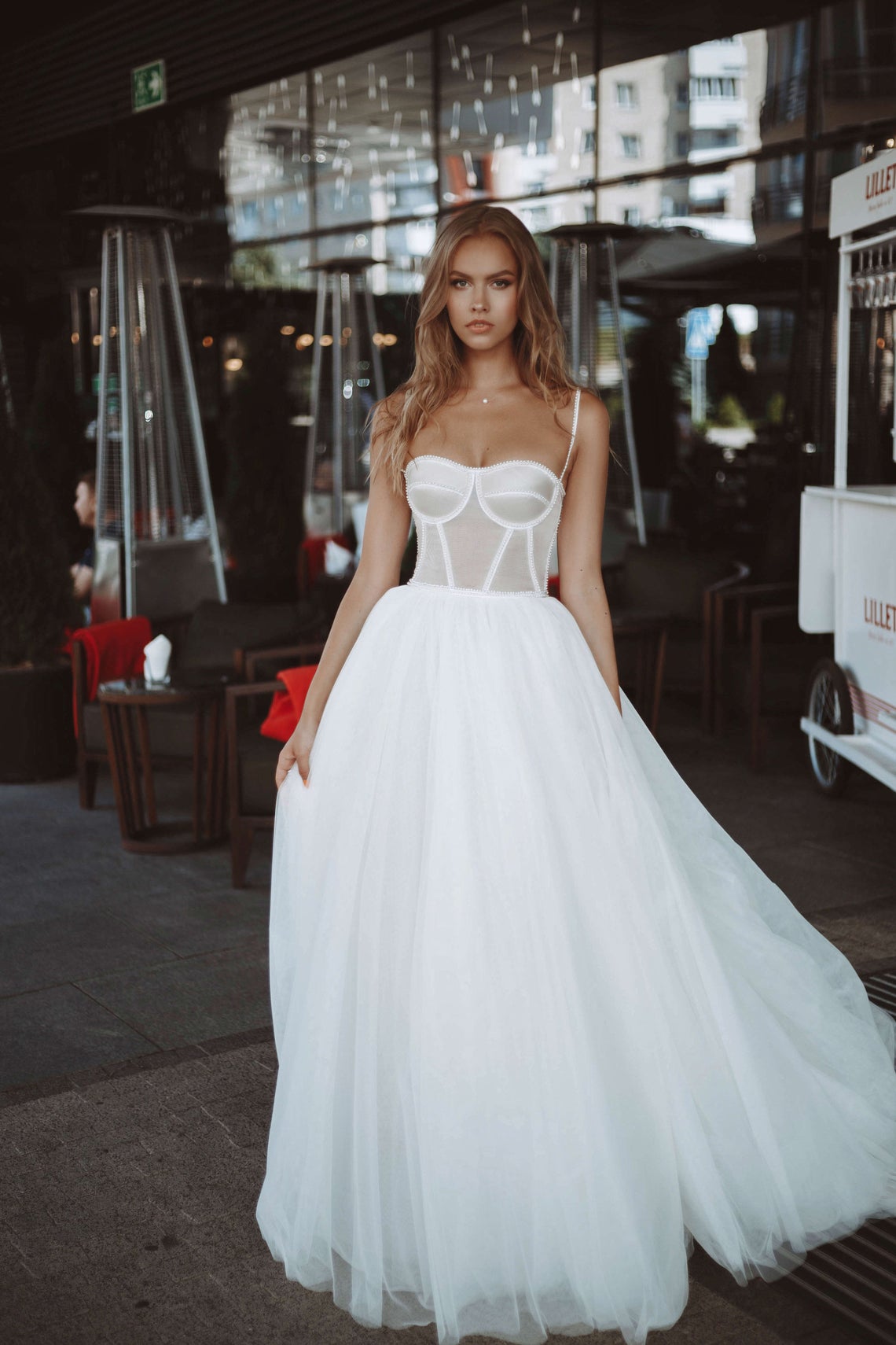 Rara Avis elegant A-line wedding dress Yang with the tulle skirt and fitted bodice with the sweetheart neckline and pearls decorations at Dell"Amore Bridal, NZ.4