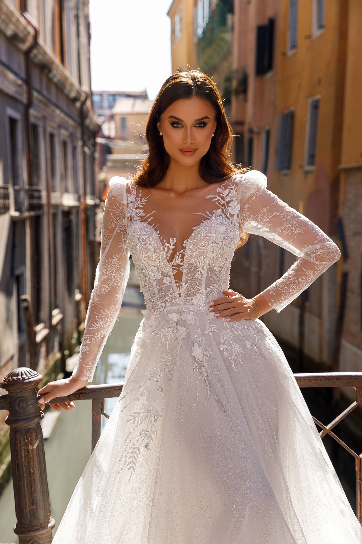 couture style wedding dress Sabrina with A-line silhouette, long lace sleeves, flower neckline and back with the buttons by oksana mukha, nz 10