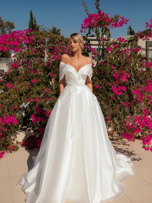 A-line wedding gown Alicia with off-shoulder sleeves and long train by oksana mukha, nz 4