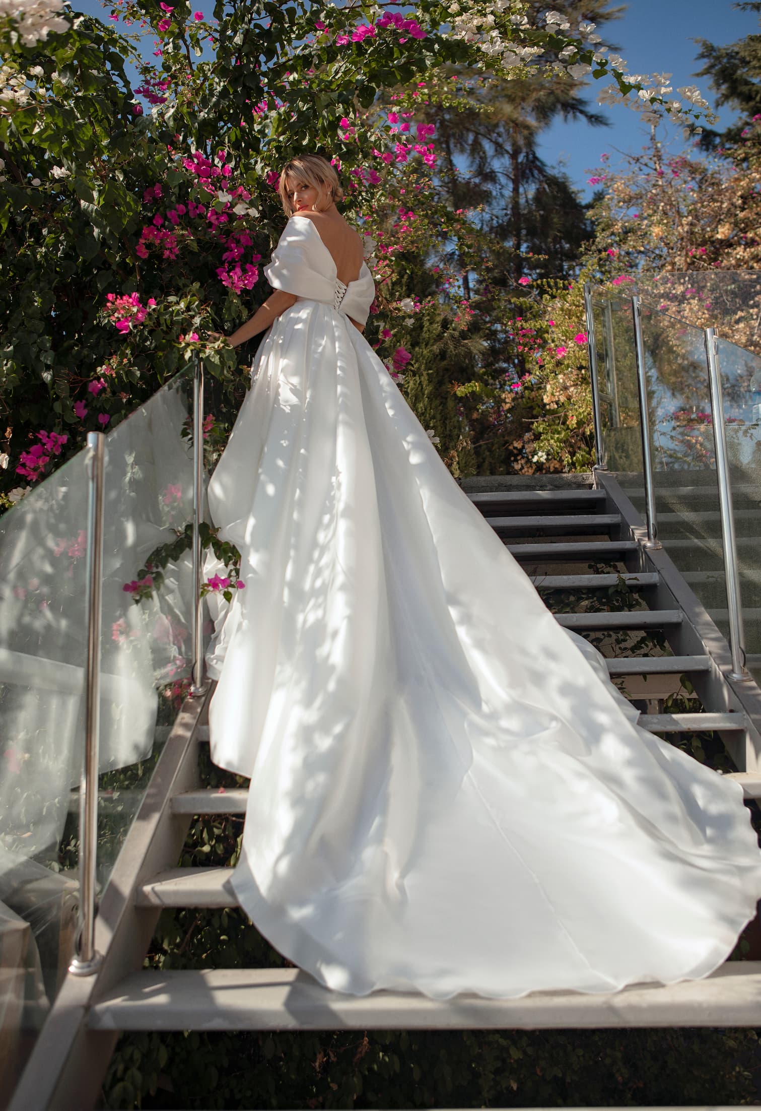 A-line wedding gown Alicia with off-shoulder sleeves and long train by oksana mukha, nz 2