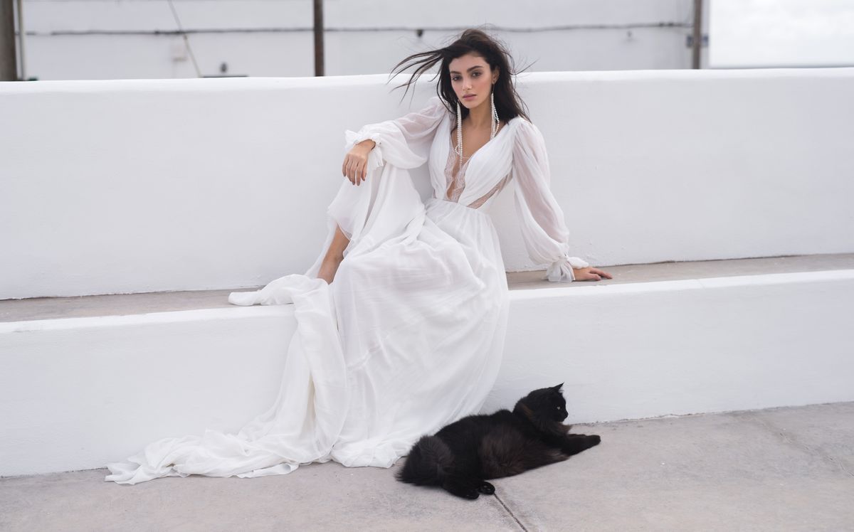 A line beach wedding dress Nait with long sleeves by Rara Avis at Dell' Amore Bridal, Auckland, NZ.4