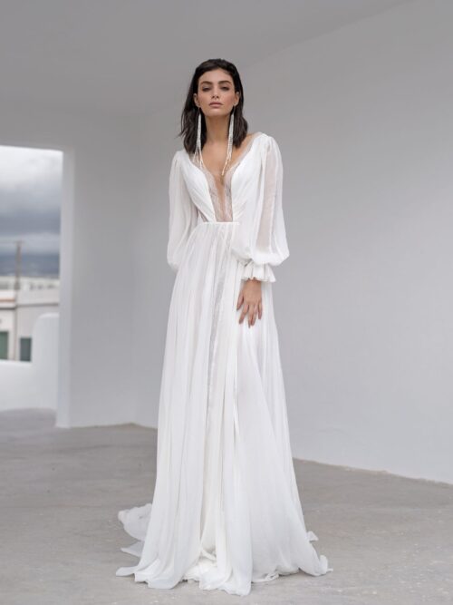 A line beach wedding dress Nait with long sleeves by Rara Avis at Dell' Amore Bridal, Auckland, NZ.3