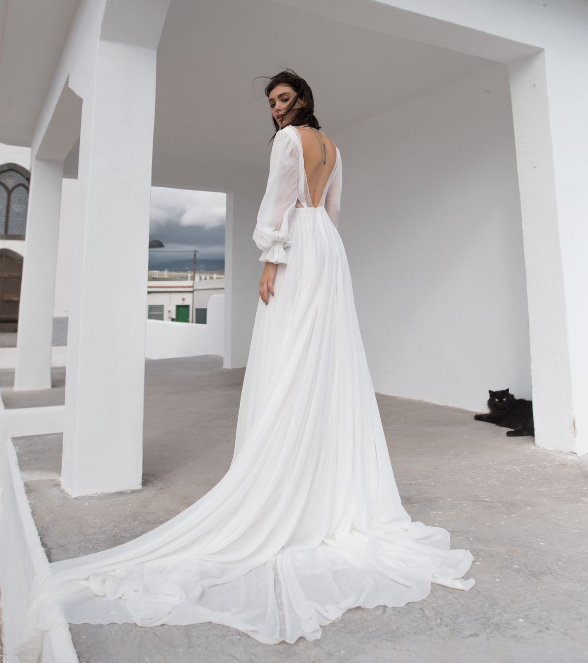 A line beach wedding dress Nait with long sleeves by Rara Avis at Dell' Amore Bridal, Auckland, NZ.2