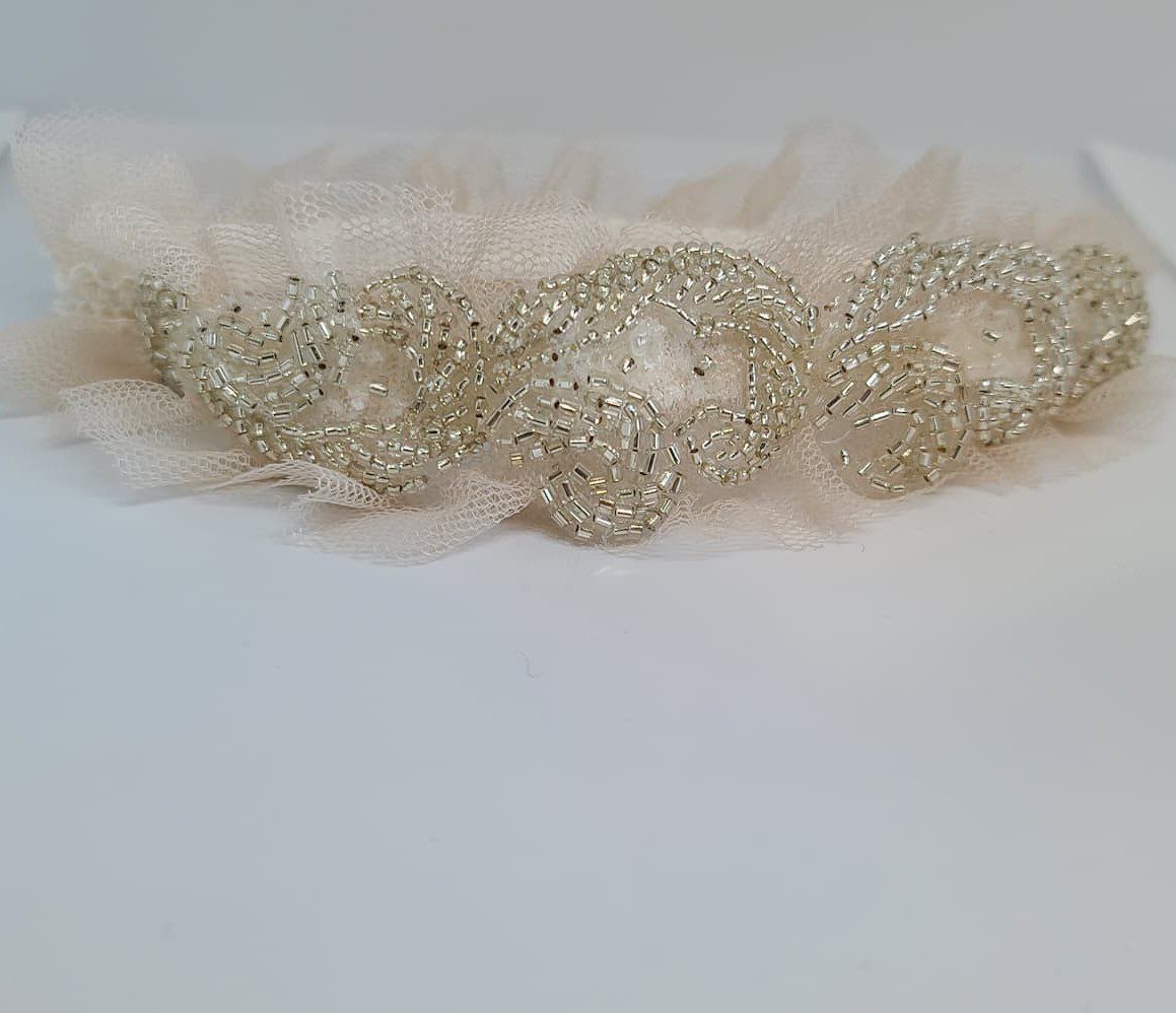 blush elegant wedding garter with silver beading 1