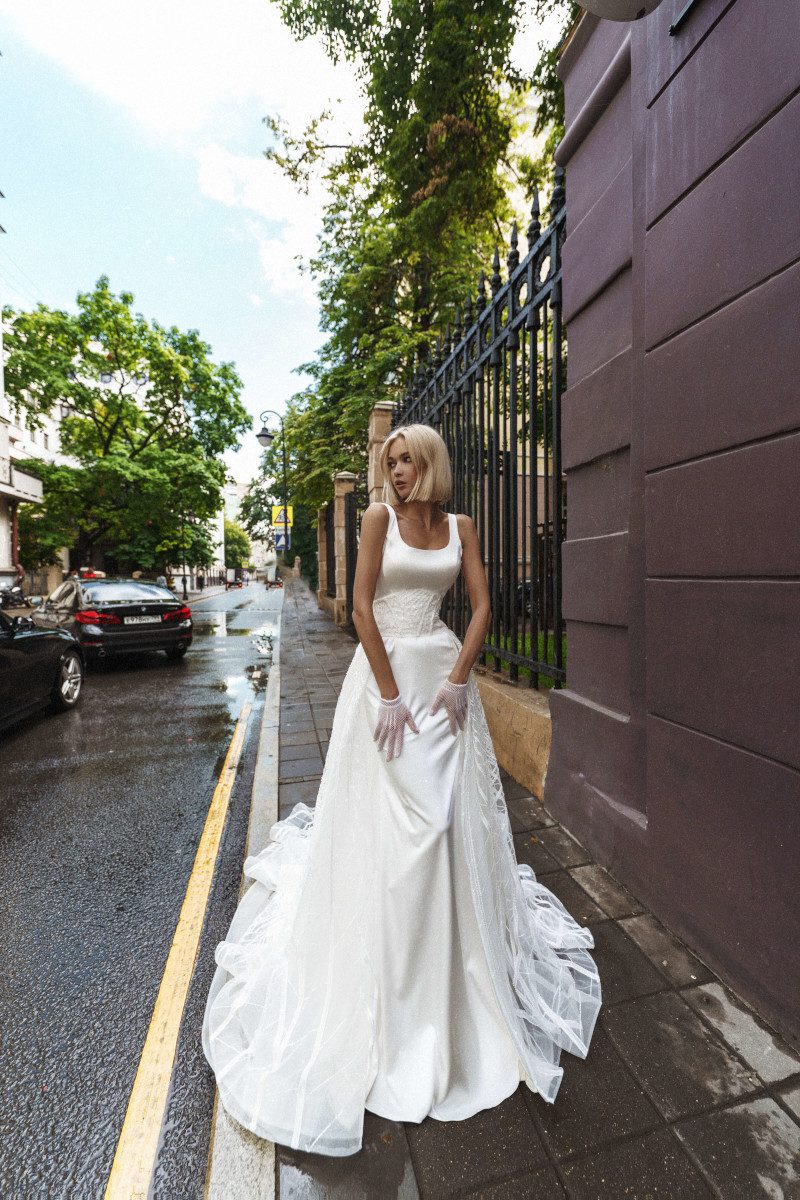 simple fitted satin wedding dress Casablanka with detachable skirt by Rara Avis at Dell'Amore Bridal, Auckland, NZ. 1