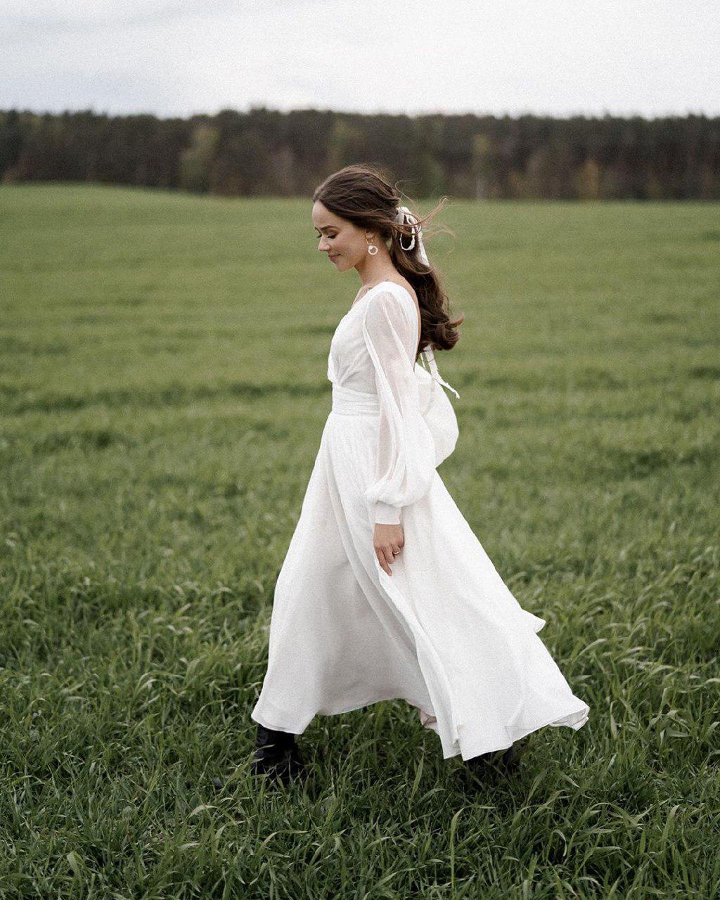 A-line midi wedding dress Paulina with long volumised sleeves by Ange Etoiles. 2