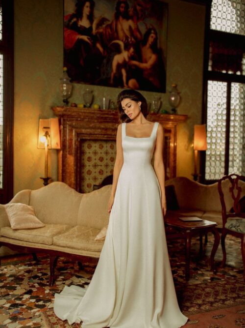 Classic wedding dress Edit with A  -silhouette and a square neckline by Rara Avis at Dell'Amore Bridal, Auckland, NZ. 4
