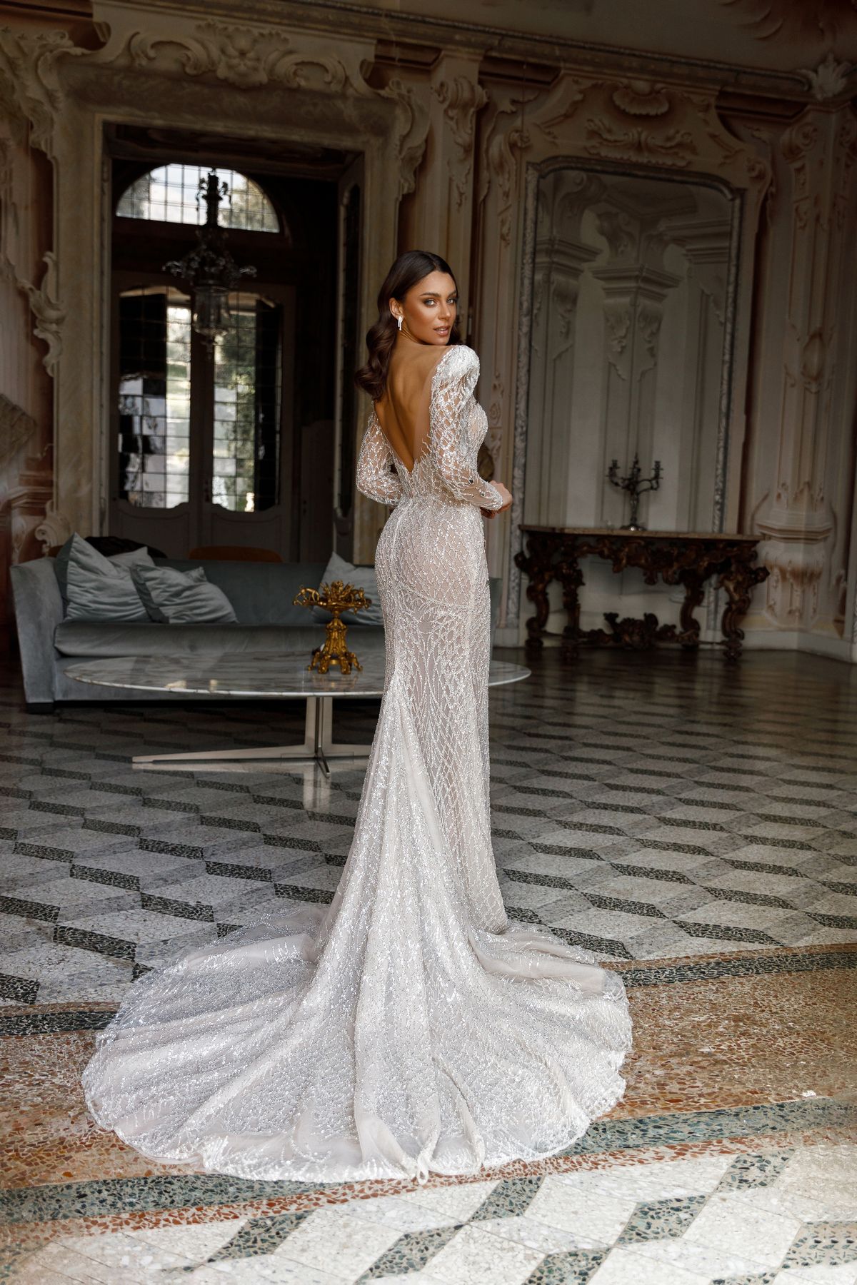 Fitted silhouette lace Maya wedding dress by Oksana Mukha embroidered with Swarovski crystals, long sleeves and detachable overskirt at Dell'Amore Bridal, Auckland, NZ 10