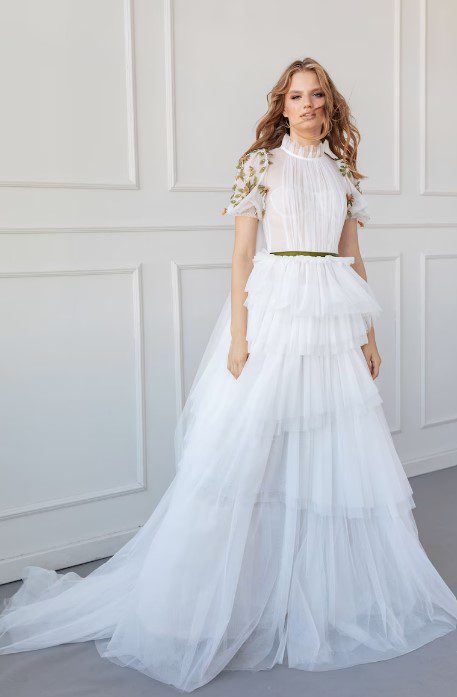 Princess modest wedding dress Gven with short sleeves by Rara Avis at Dell' Amore Bridal, Auckland, NZ. 2