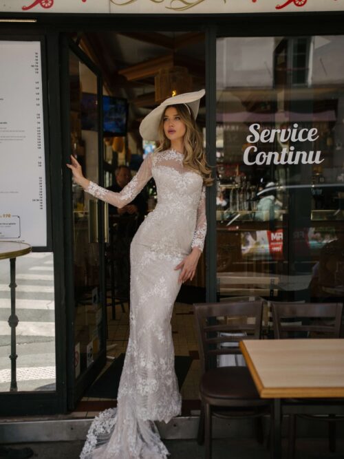Kamia lace wedding dress with lace sleeves and lace top from dell'amore bridal nz 5