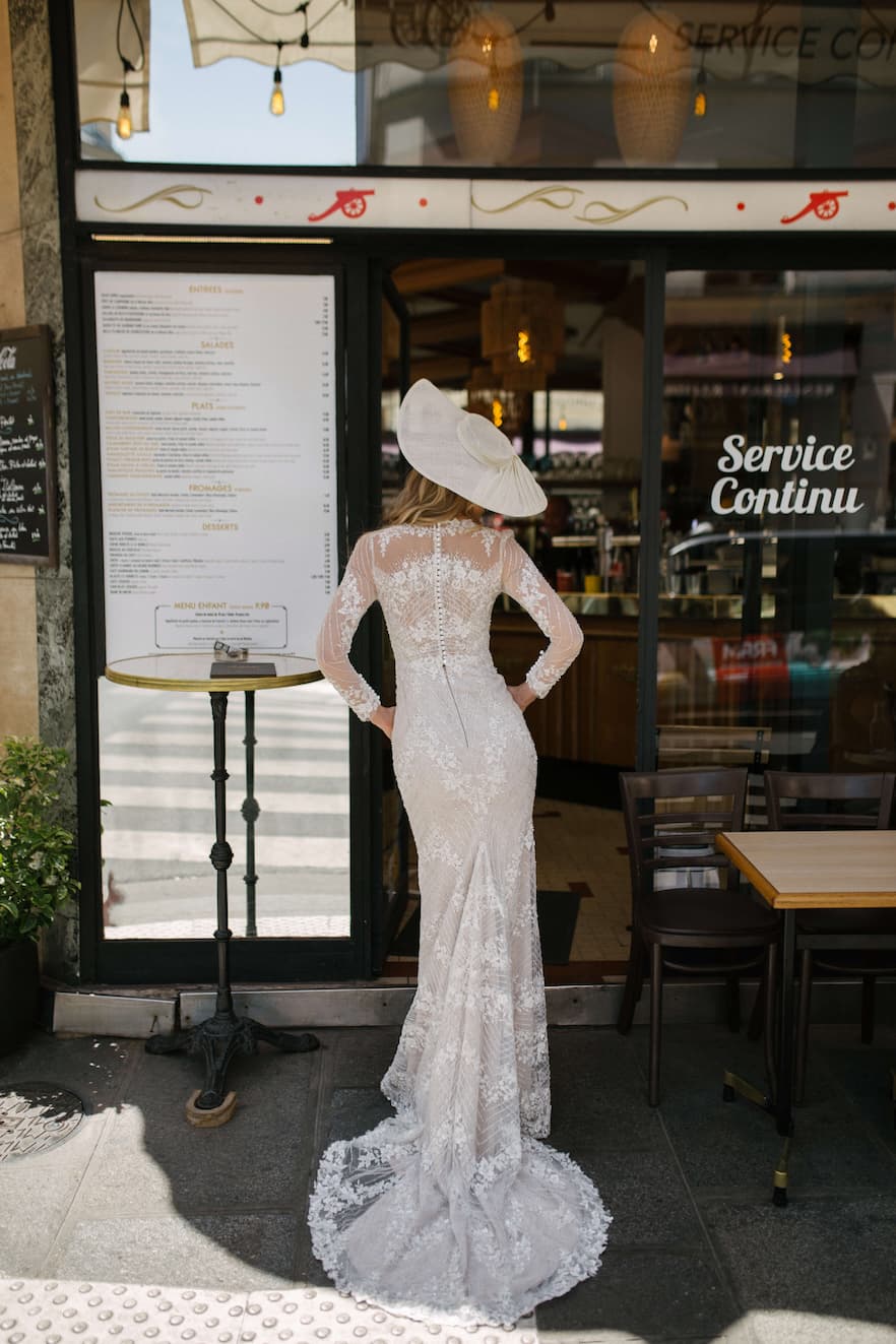 Kamia lace wedding dress with lace sleeves and lace top from dell'amore bridal nz 4