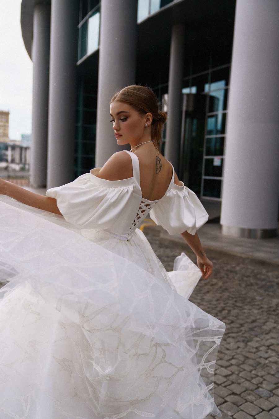 Midi wedding dress Kanye with voluminous sleeves by Rara Avis at Dell'Amore Bridal, Auckland, NZ. 2