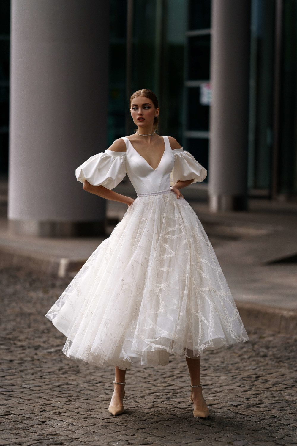 Midi wedding dress Kanye with voluminous sleeves by Rara Avis at Dell'Amore Bridal, Auckland, NZ. 3