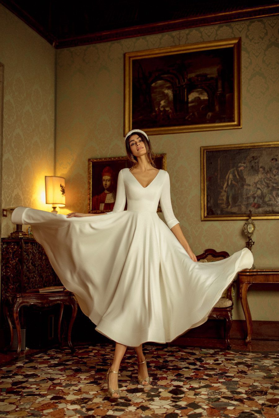Simple white midi wedding dress Kriss with 3/4 sleeves and V-neckline by Rara Avis at Dell'Amore Bridal, Auckland, NZ. 2