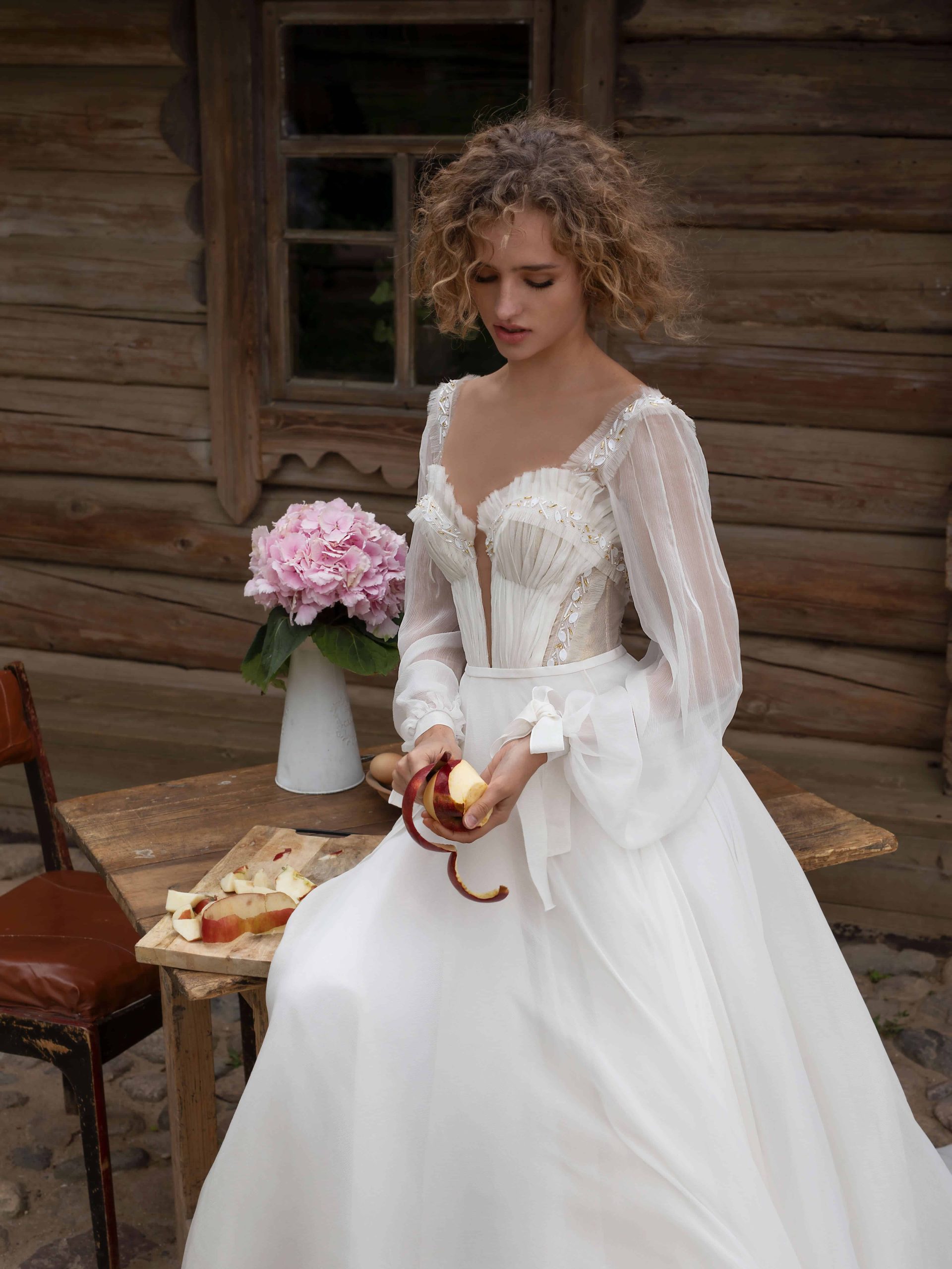A line chiffon wedding dress Lakrima with long sleeves by Rara Avis at Dell' Amore Bridal, Auckland, NZ. 2
