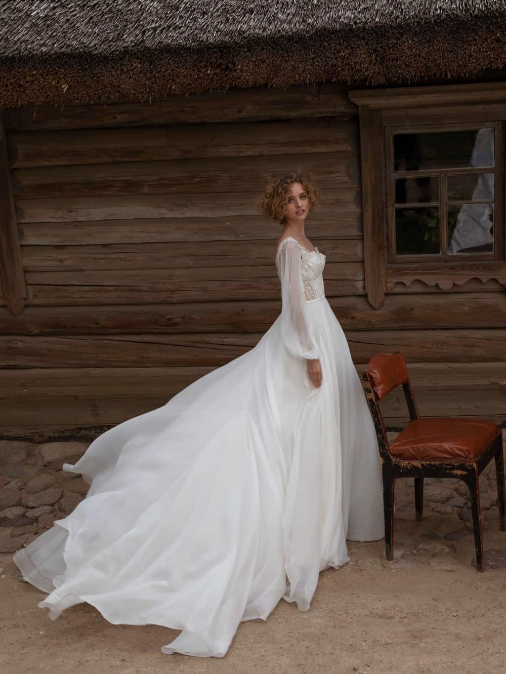 A line chiffon wedding dress Lakrima with long sleeves by Rara Avis at Dell' Amore Bridal, Auckland, NZ. 3