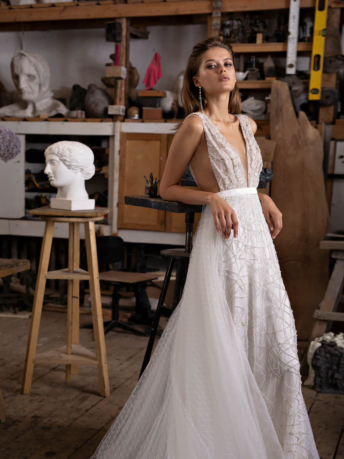 A-line wedding dress with deep v-neckline from Rara Avis Designer 1