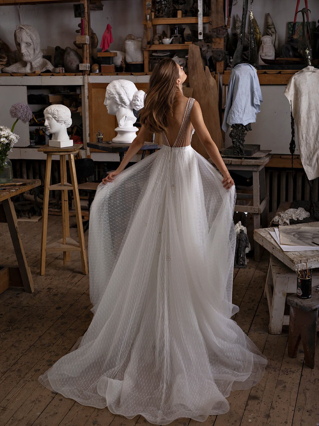 A-line wedding dress with deep v-neckline from Rara Avis Designer 3