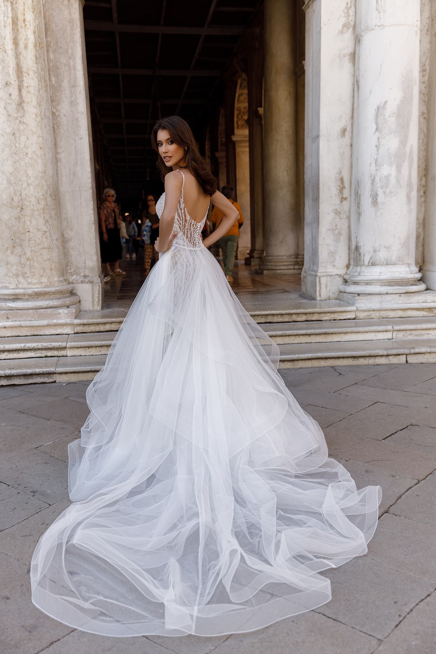 glamorous beaded wedding dress liva with detachable skirt, volumised tulle sleeves by oksana muhka, nz 2