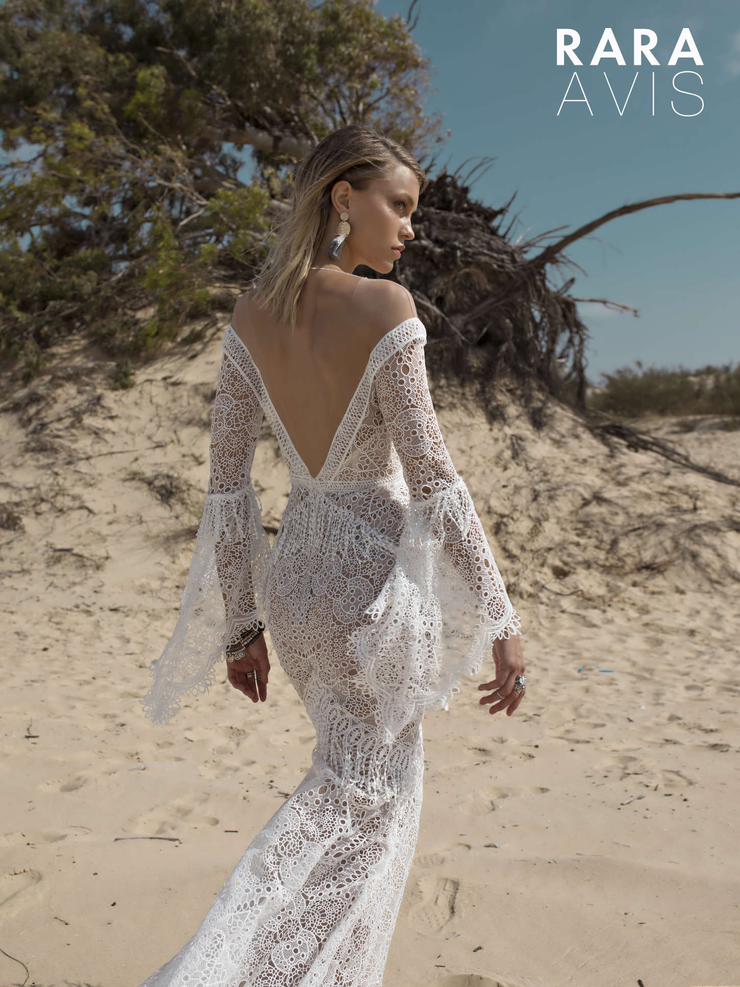 sexy bohemian wedding dress Luchian by Rara Avis with fit and flare silhouette, plunging neckline and long lace sleeves, image 3