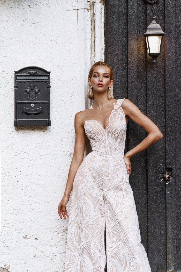 Corset lace sparkling wedding jumpsuit Marrakesh by Rara Avis at Dell'Amore Bridal, Auckland. 3