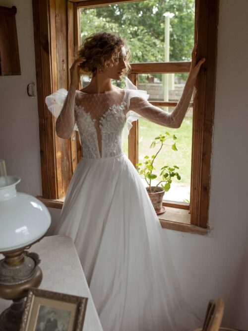 A line lace tulle wedding dress Melentia with long sleeves by Rara Avis at Dell' Amore Bridal, Auckland, NZ. 6