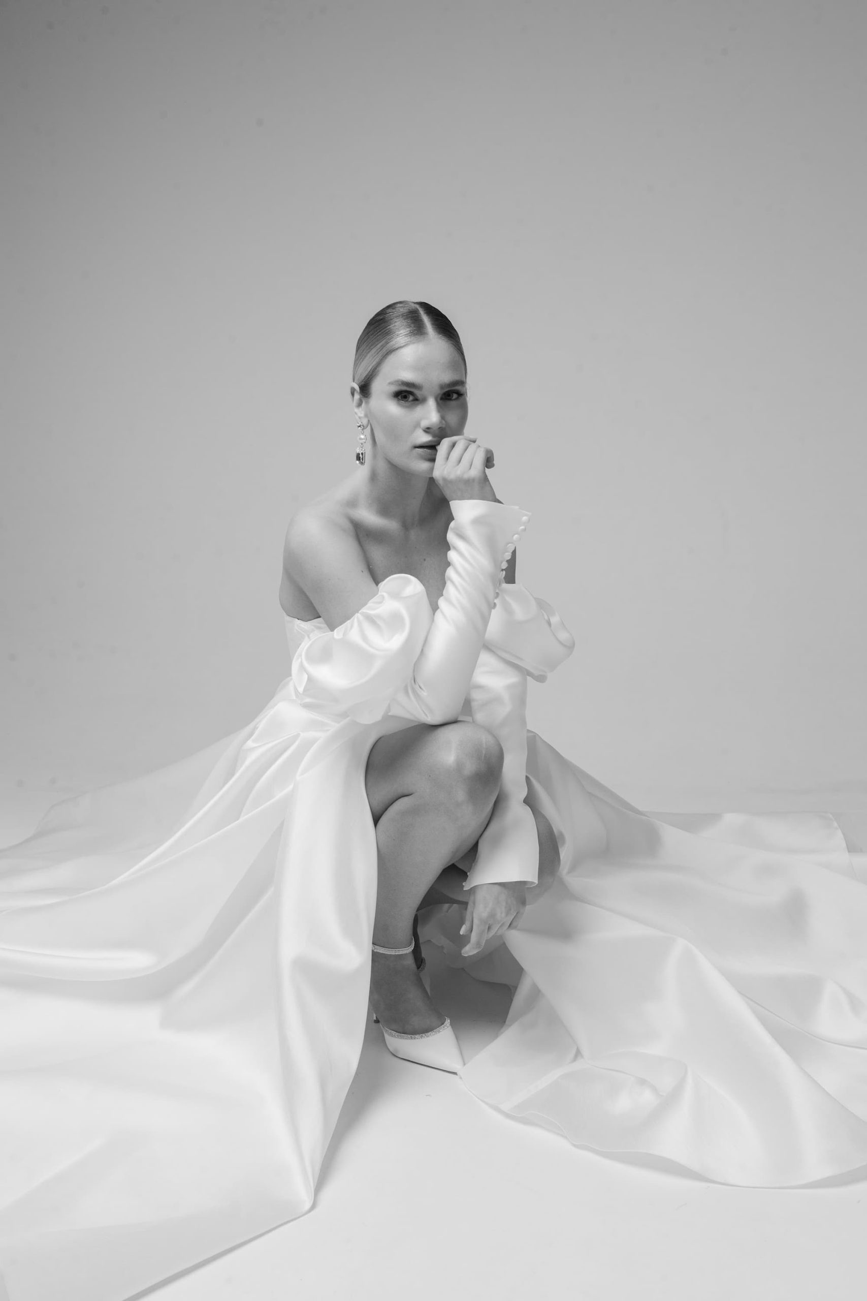 Rara Avis elegant satin wedding dress Missouri with detachable long sleeves at Dell'Amore Bridal, NZ 8