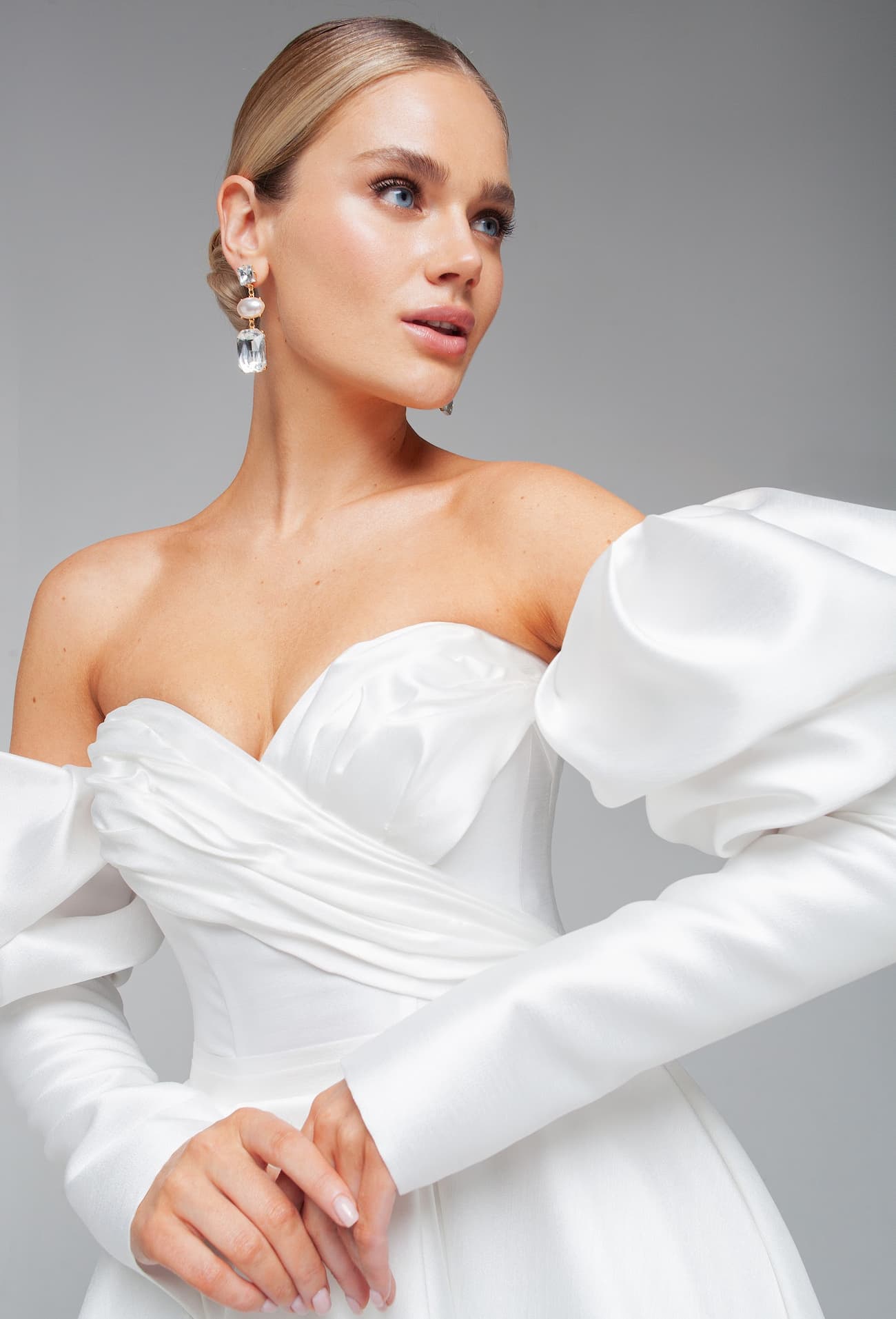 Rara Avis elegant satin wedding dress Missouri with detachable long sleeves at Dell'Amore Bridal, NZ 7