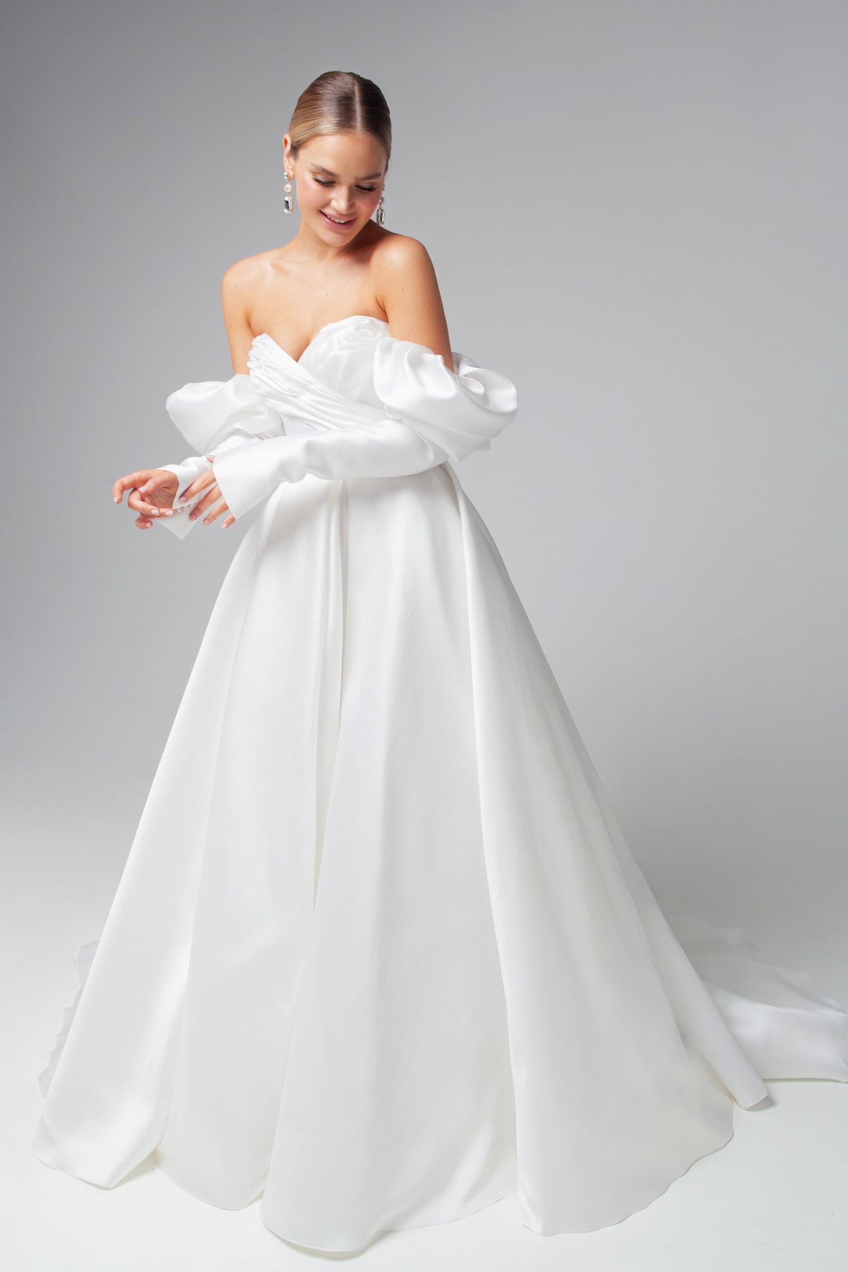 Rara Avis elegant satin wedding dress Missouri with detachable long sleeves at Dell'Amore Bridal, NZ 6