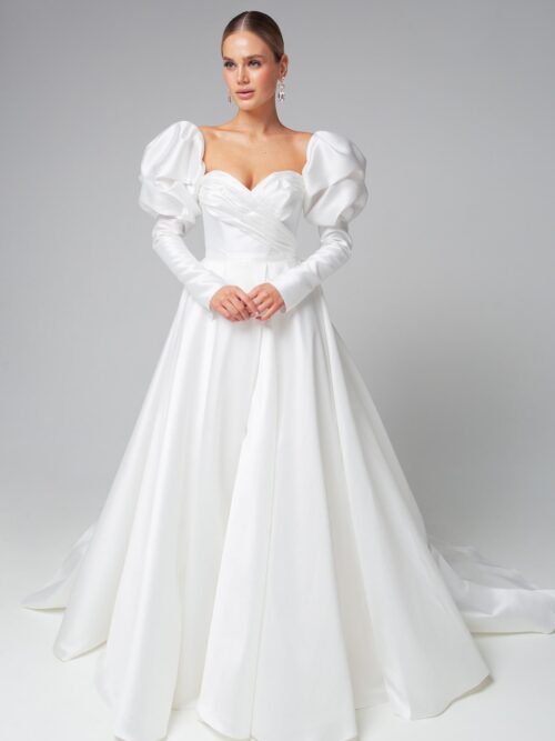 Rara Avis elegant satin wedding dress Missouri with detachable long sleeves at Dell'Amore Bridal, NZ 9