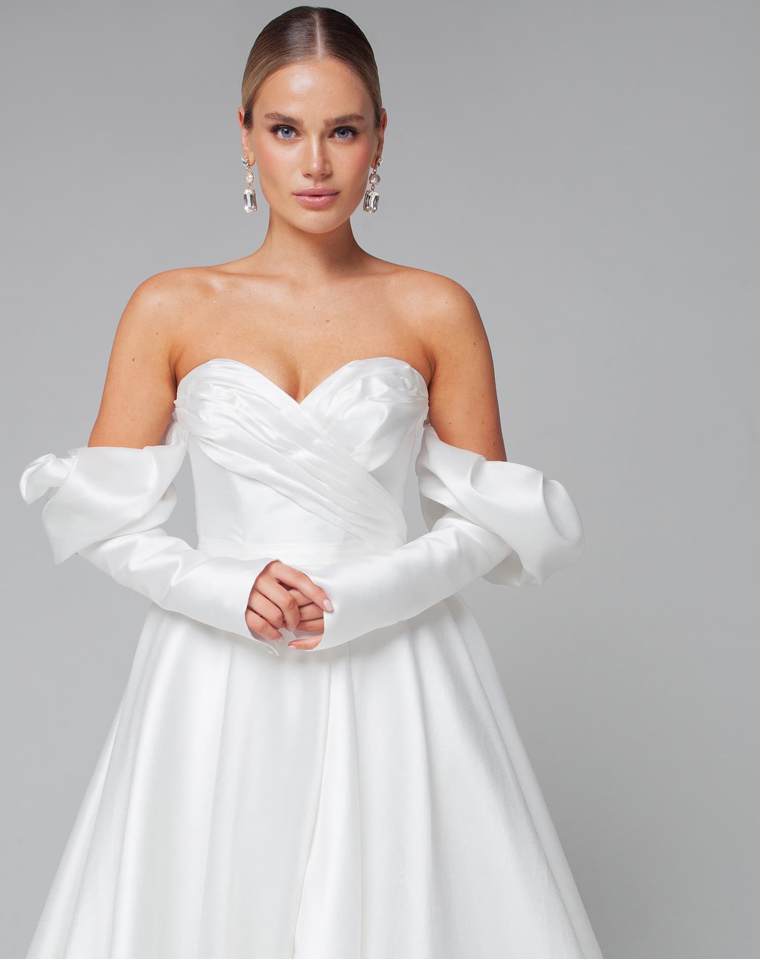 Rara Avis elegant satin wedding dress Missouri with detachable long sleeves at Dell'Amore Bridal, NZ 4