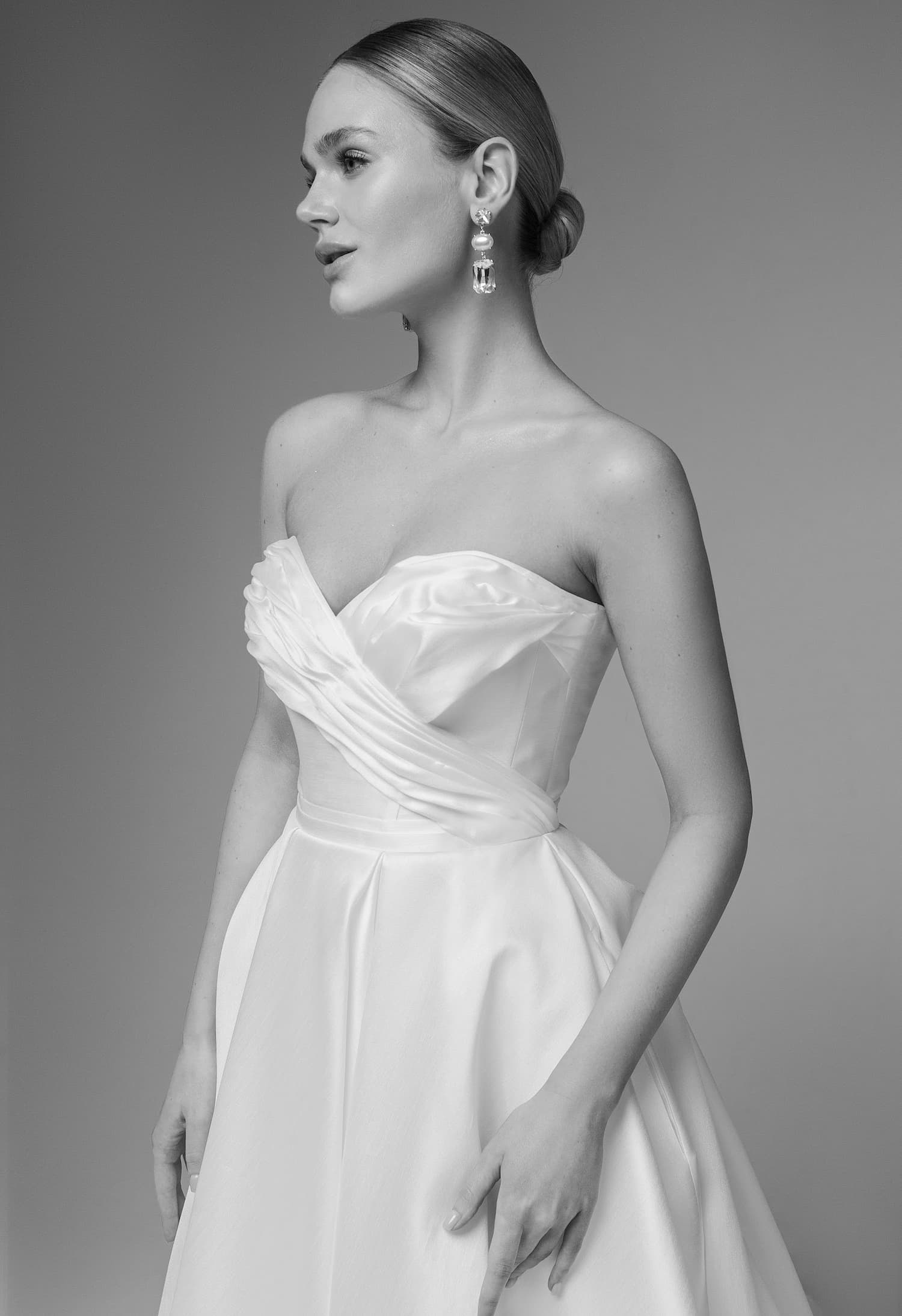 Rara Avis elegant satin wedding dress Missouri with detachable long sleeves at Dell'Amore Bridal, NZ 2