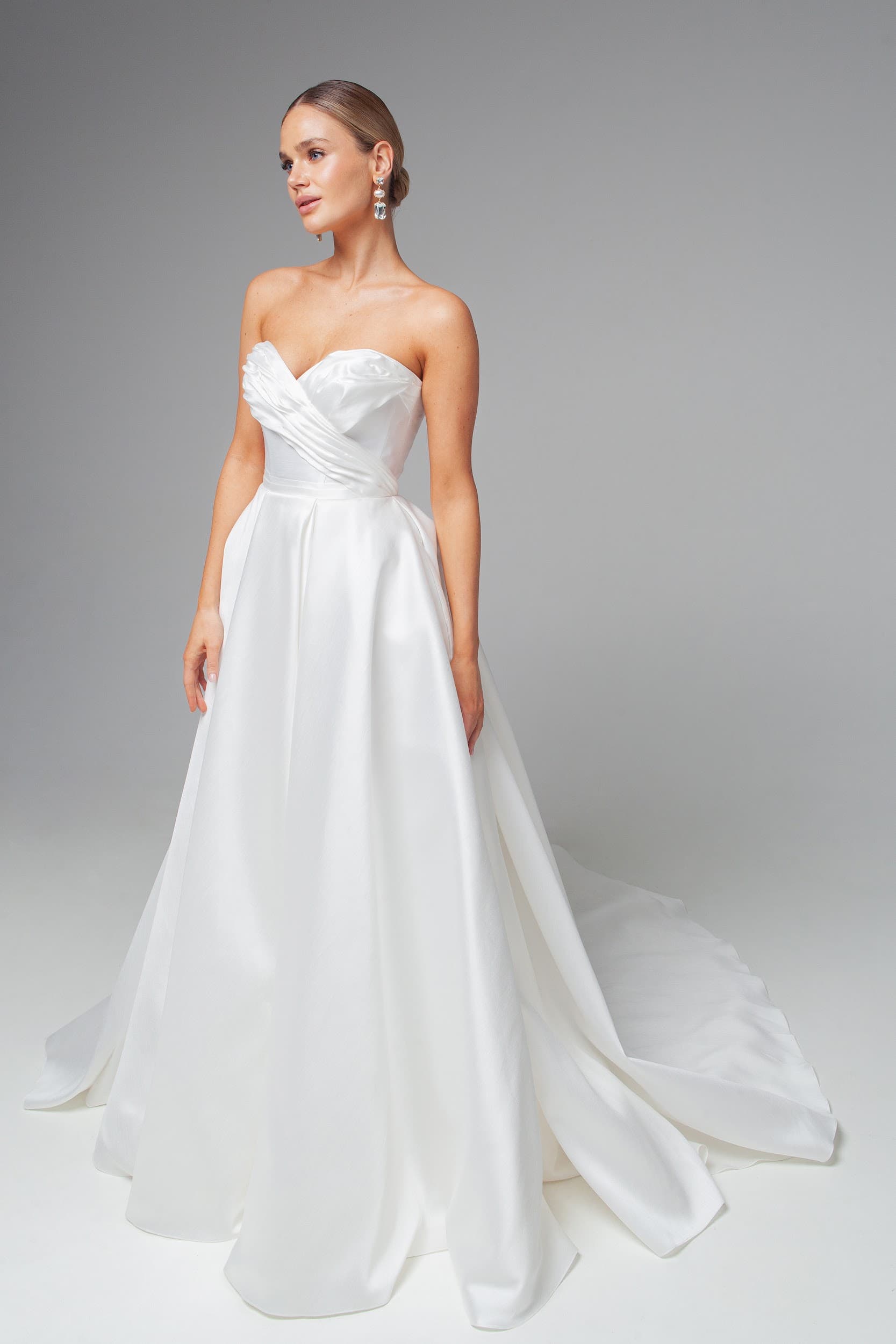Rara Avis elegant satin wedding dress Missouri with detachable long sleeves at Dell'Amore Bridal, NZ 1