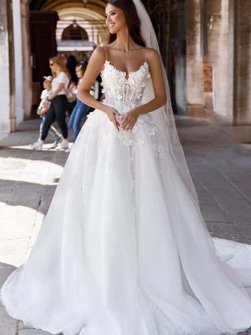 fairy tale A-line wedding gown Molly with 3D flowers, spaghetti straps by oksana mukha designer, nz 3