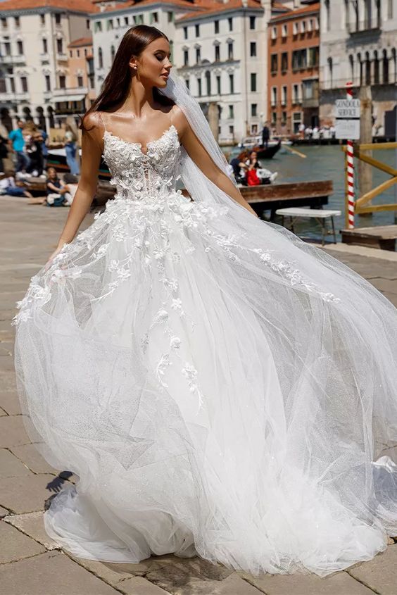 fairy tale A-line wedding gown Molly with 3D flowers, spaghetti straps by oksana mukha designer, nz 1