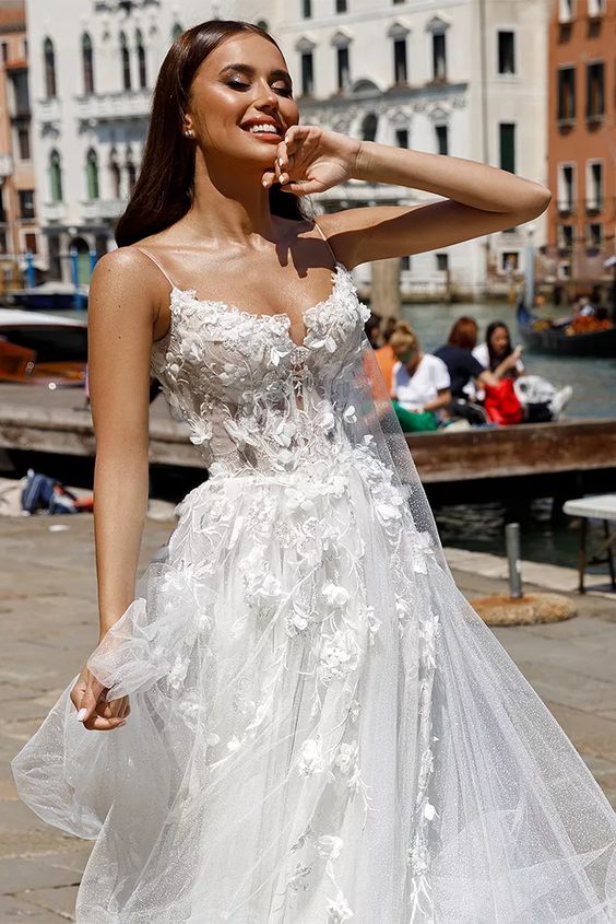 fairy tale A-line wedding gown Molly with 3D flowers, spaghetti straps by oksana mukha designer, nz 2