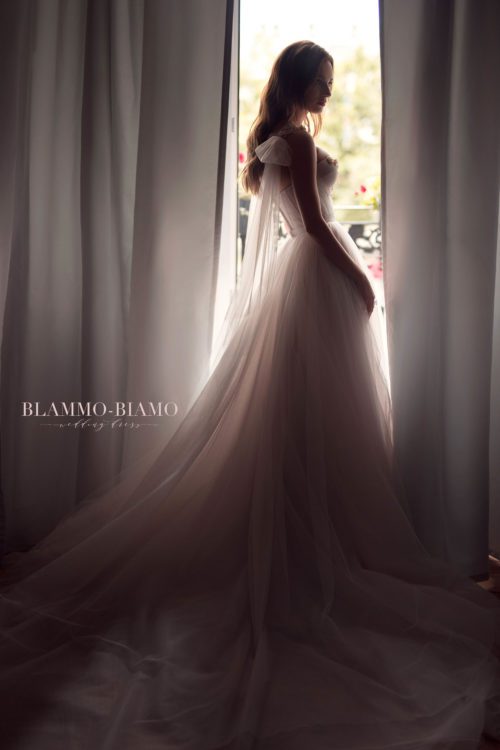 Sexy A-line wedding gown Nora by Blammo-Biamo with wing sleeves and bodice cups decorated with blush crystals at Dell'Amore Bridal, Auckland, NZ. 4