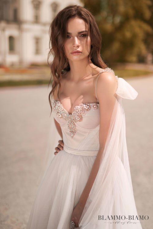 Sexy A-line wedding gown Nora by Blammo-Biamo with wing sleeves and bodice cups decorated with blush crystals at Dell'Amore Bridal, Auckland, NZ. 3