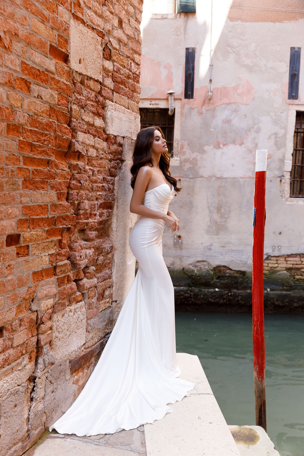 Simple satin fitted silhouette Claudia wedding dress by Oksana Mukha At Dell'Amore Bridal, Auckland, NZ 5