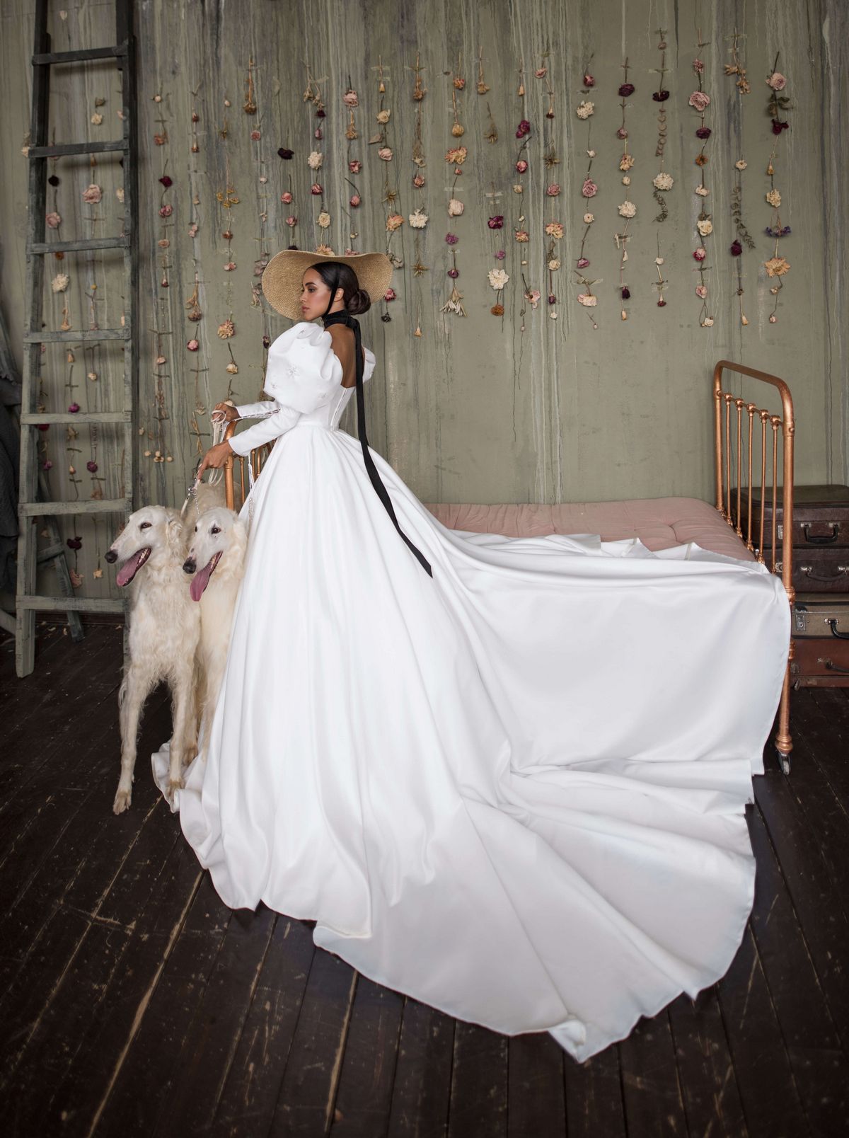 Itan wedding dress by rara avis with white satin fabric and off shoulders long sleeves at Dell'Amore Bridal, Auckland, NZ. 11