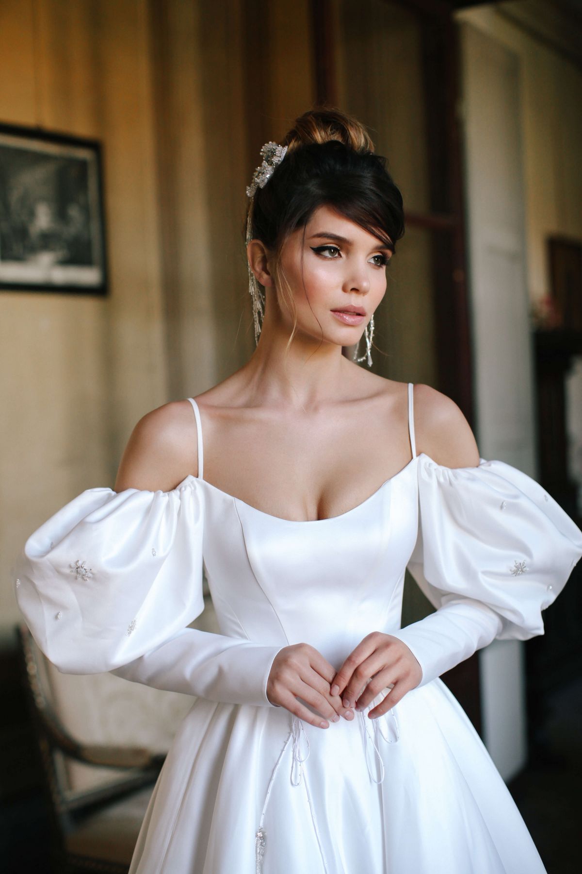 Itan wedding dress by rara avis with white satin fabric and off shoulders long sleeves at Dell'Amore Bridal, Auckland, NZ. 9