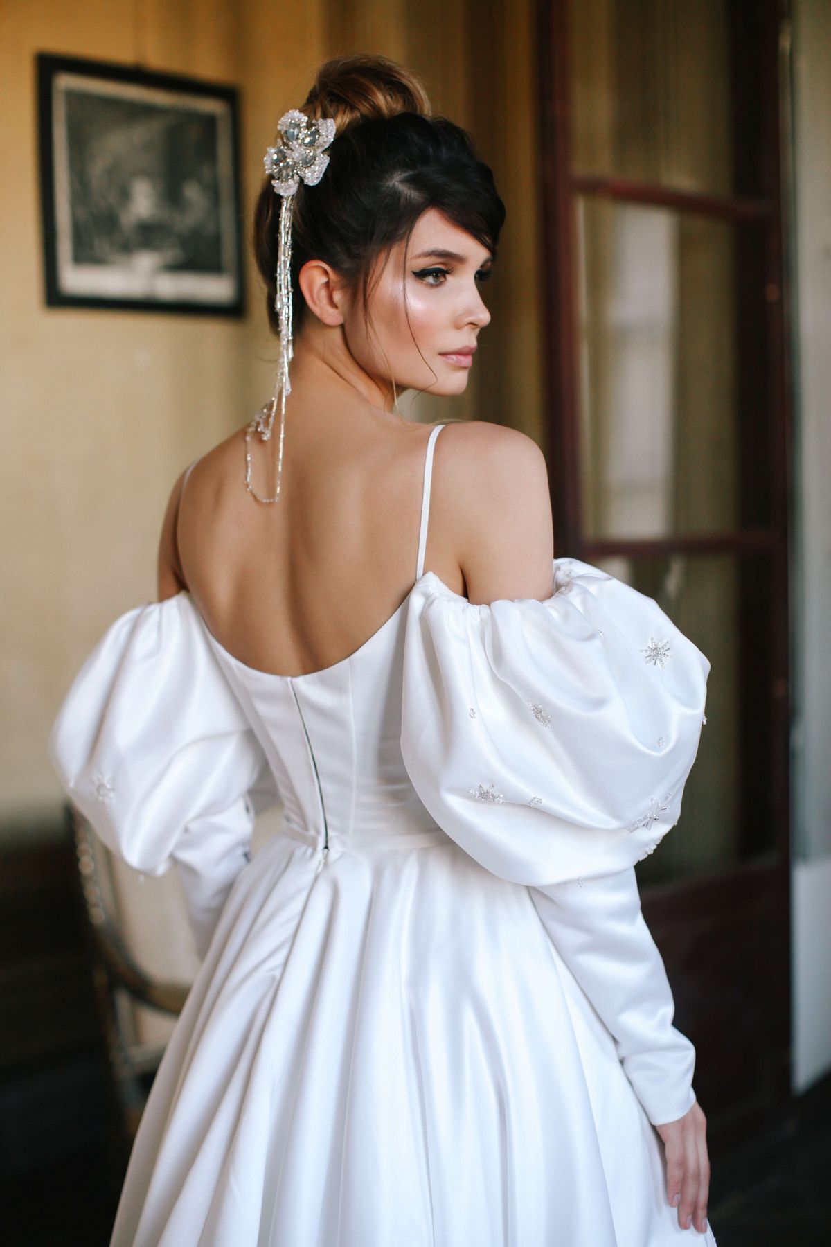 Itan wedding dress by rara avis with white satin fabric and off shoulders long sleeves at Dell'Amore Bridal, Auckland, NZ. 8