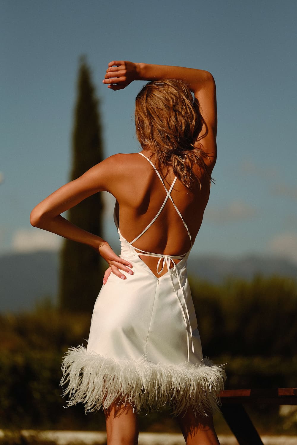 short wedding dress Gavana with satin, lace and feathers by dell'amore bridal, auckland, nz 2