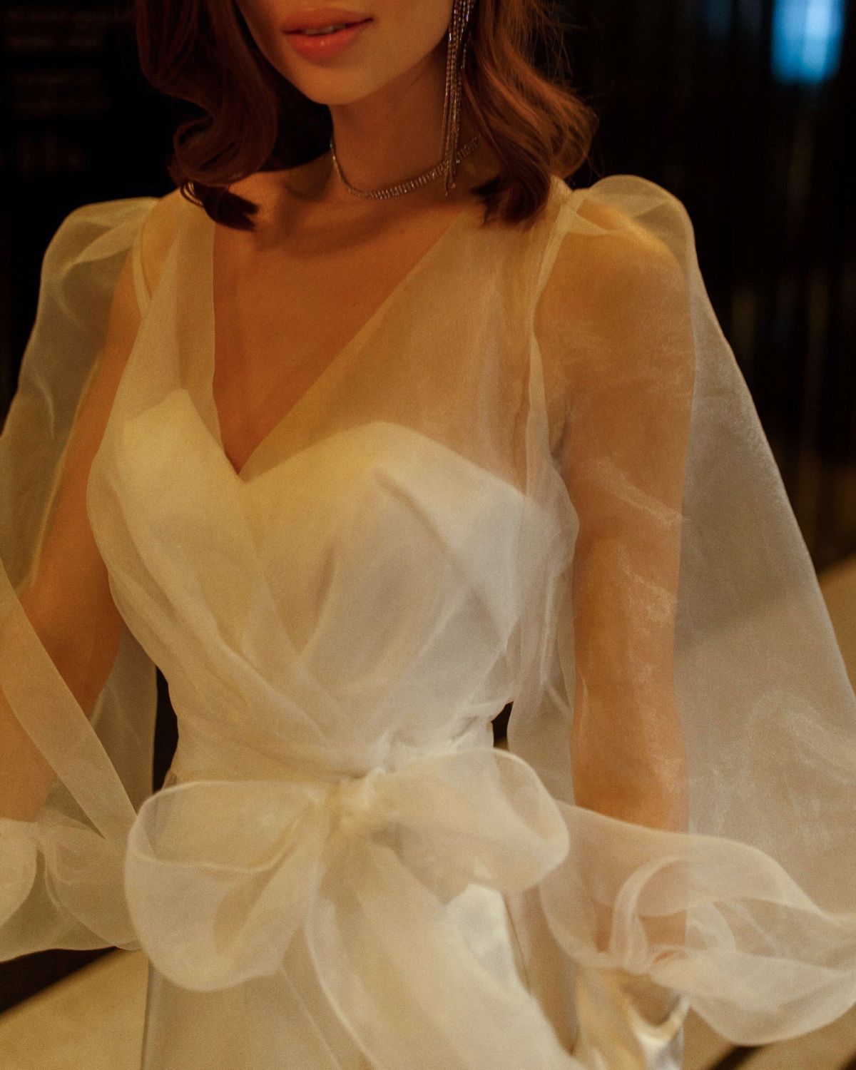 organza white transparent wedding dress Diya by rara avis with a bow and volumised sleeves, nz, 7