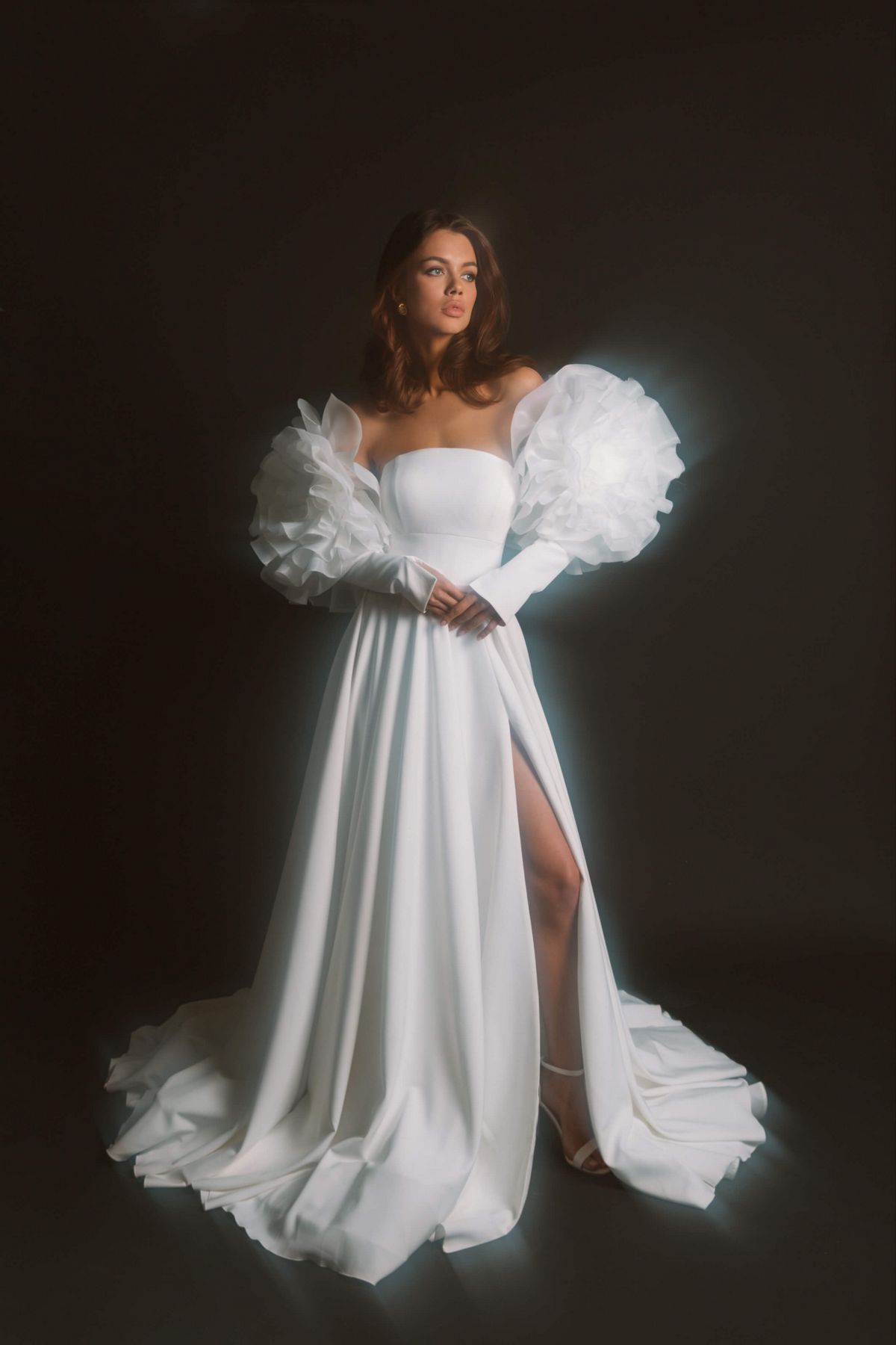 minimalist coututre style wedding dress with volumised sleeves by rara avis designer 2