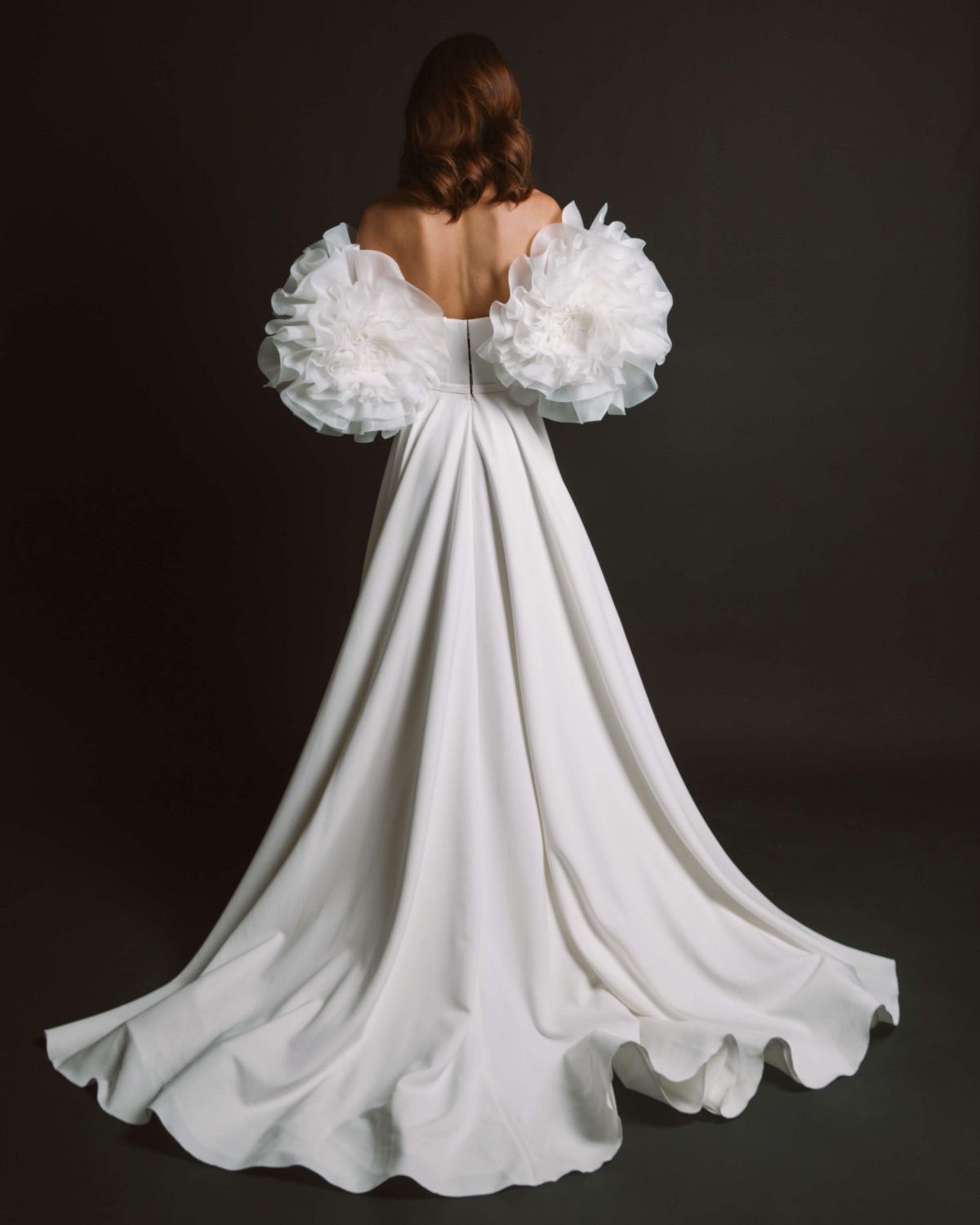 minimalist coututre style wedding dress with volumised sleeves by rara avis designer 5